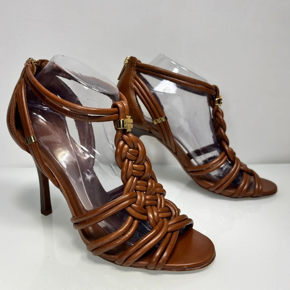 Tory Burch Brown Strappy Braided Leather Heels Size 8.5